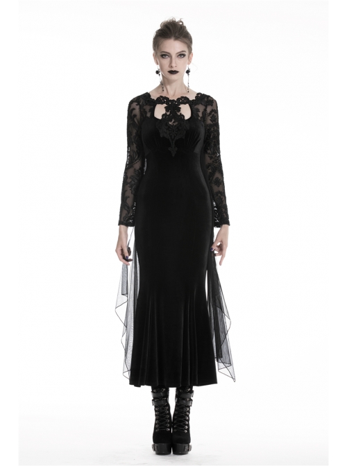 Black Chest Hollow Gauze Embroidery Mermaid Hem Gothic Maxi Dress