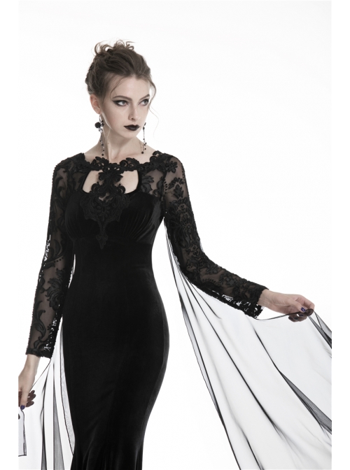 Black Chest Hollow Gauze Embroidery Mermaid Hem Gothic Maxi Dress