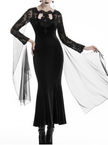 Black Chest Hollow Gauze Embroidery Mermaid Hem Gothic Maxi Dress
