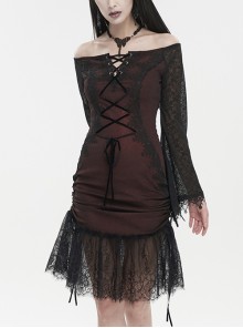 Wine Red Elastic Texture One-Shoulder Hem Splicing Lace Gothic Bell Sleeve Dress