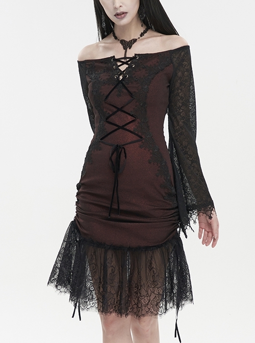 Wine Red Elastic Texture One-Shoulder Hem Splicing Lace Gothic Bell Sleeve Dress