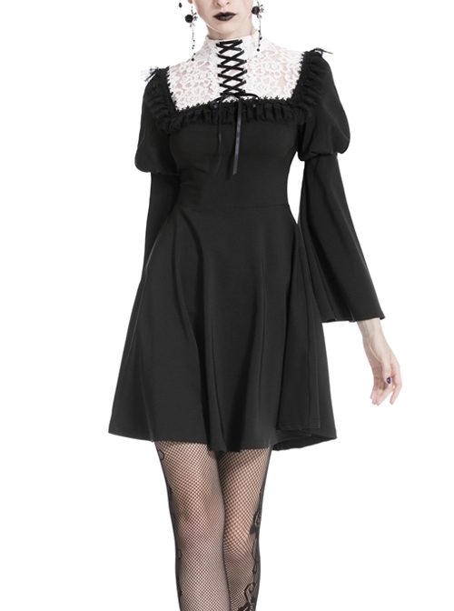 Black Cute Chest White Chiffon Lace-Up Long Sleeves Gothic Dress