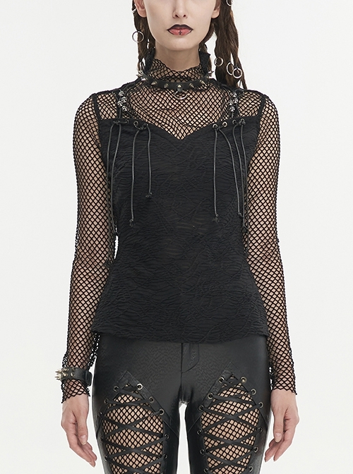 Turtleneck Adjustable Black Faux Suspenders Textured Knit Mesh Punk T-Shirt