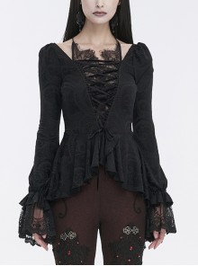 Cutout Black Soft Stretch Pattern Lantern Long Sleeve Gothic Embroidered Shirt