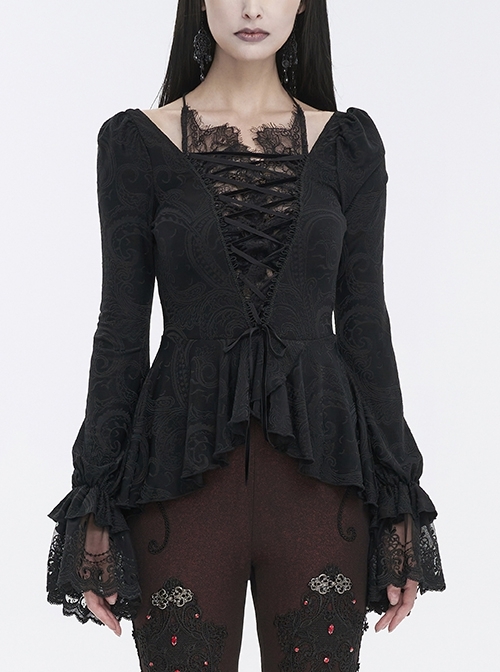 Cutout Black Soft Stretch Pattern Lantern Long Sleeve Gothic Embroidered Shirt