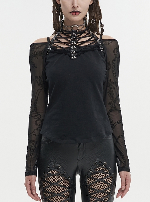 Black Stretch Knit Stitching Flocking Printed Neck Collar Tie Rope Punk Off-Shoulder T-Shirt