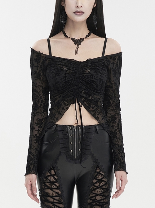 Black Flocked Chest Ruched Adjustable Punk Off-Shoulder T-Shirt