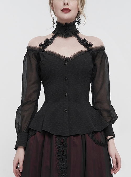 Black Lace Trim Woven Adjustable Off The Shoulder Gothic Style Long Sleeved T-Shirt