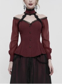 Red Lace Trim Panel Woven Adjustable Back Gothic Long Sleeve T-Shirt