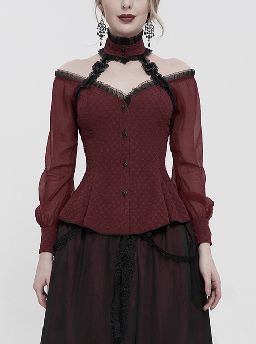 Red Lace Trim Panel Woven Adjustable Back Gothic Long Sleeve T-Shirt