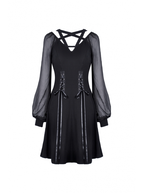 Black V-Neck Chest Star Bandage Lace-Up Long Gauze Sleeves Punk Dress