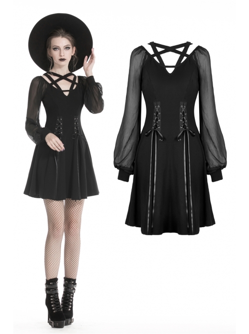 Black V-Neck Chest Star Bandage Lace-Up Long Gauze Sleeves Punk Dress