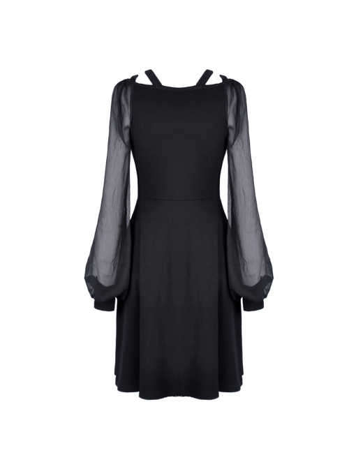 Black V-Neck Chest Star Bandage Lace-Up Long Gauze Sleeves Punk Dress