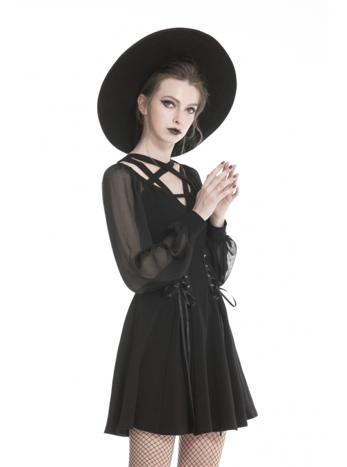 Black V-Neck Chest Star Bandage Lace-Up Long Gauze Sleeves Punk Dress