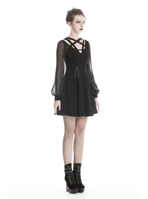 Black V-Neck Chest Star Bandage Lace-Up Long Gauze Sleeves Punk Dress