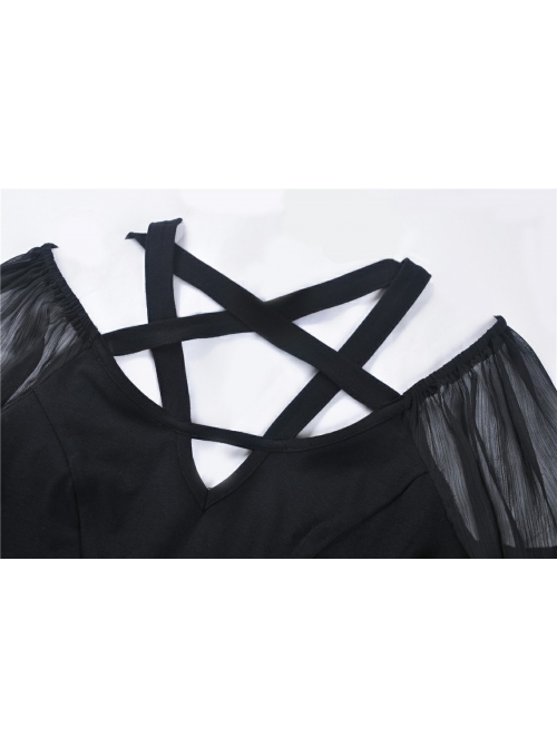 Black V-Neck Chest Star Bandage Lace-Up Long Gauze Sleeves Punk Dress