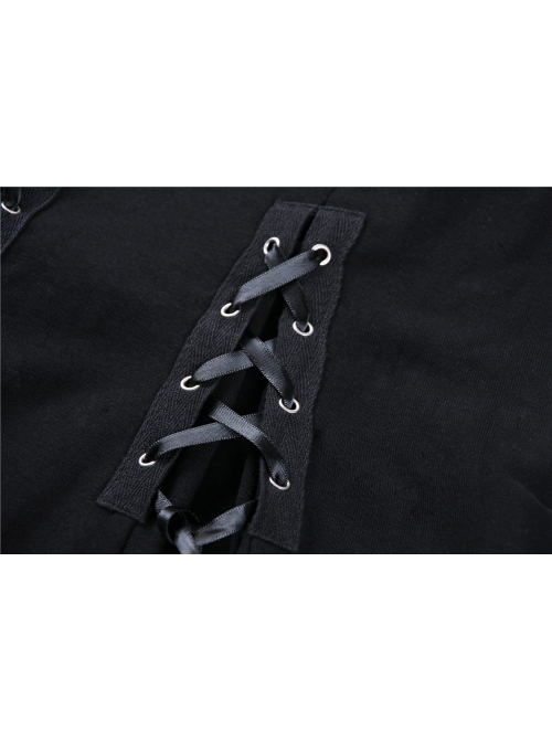 Black V-Neck Chest Star Bandage Lace-Up Long Gauze Sleeves Punk Dress