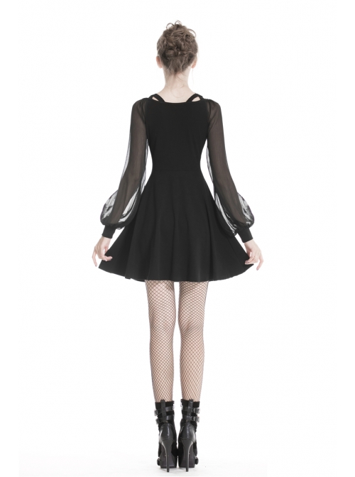 Black V-Neck Chest Star Bandage Lace-Up Long Gauze Sleeves Punk Dress