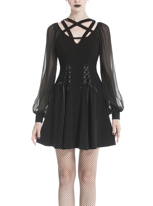 Black V-Neck Chest Star Bandage Lace-Up Long Gauze Sleeves Punk Dress