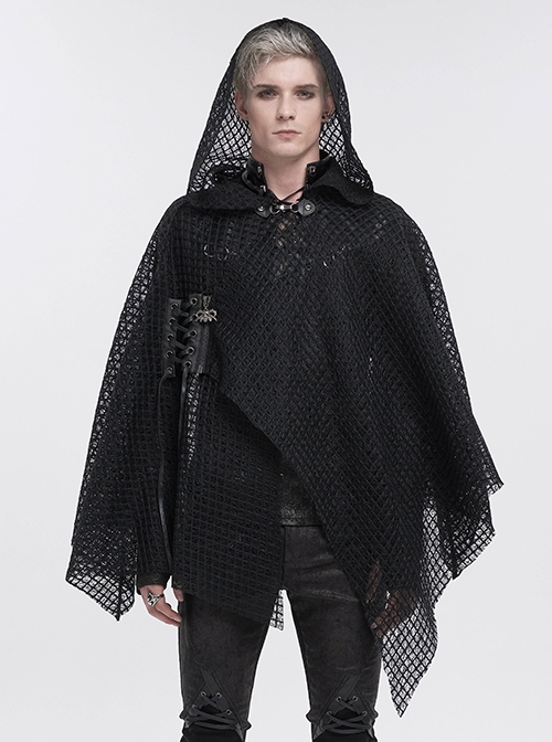 Irregular Hole Mesh Black Metal Buckle String Punk Style Hooded Cloak