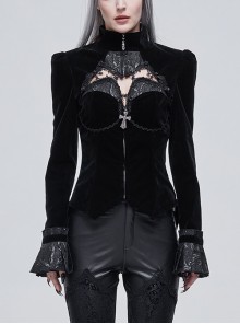 Black Vintage Shiny Jacquard Bat Cutout Gothic Applique Jacket