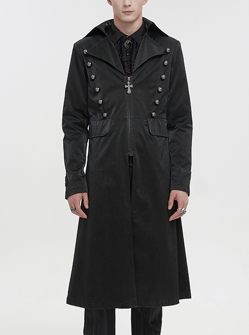 Lapel Collar Double Breasted Metal Cross Zip Black Gothic Long Coat