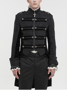 Black Silk Stand Collar Printed Metal Breasted Cross Zipper Back Slit Gothic Vintage Jacket