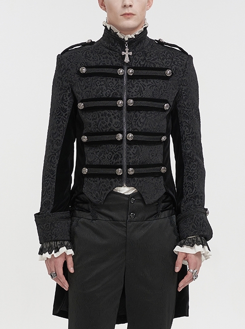 Black Silk Stand Collar Printed Metal Breasted Cross Zipper Back Slit Gothic Vintage Jacket