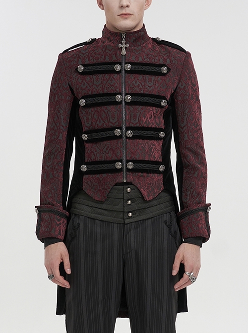 Red Silk Stand Collar Printed Metal Breasted Cross Zipper Back Slit Gothic Vintage Jacket