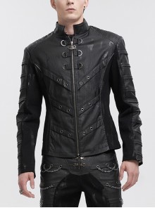 Black Technical Stand Collar Stretch Faux Leather Twill Woven Punk-Inspired Hand-Painted Jacket