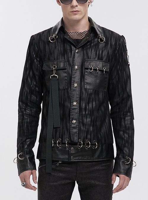 Metal Ring Perforated Lapel Lapel Button Handsome Black Punk Jacket
