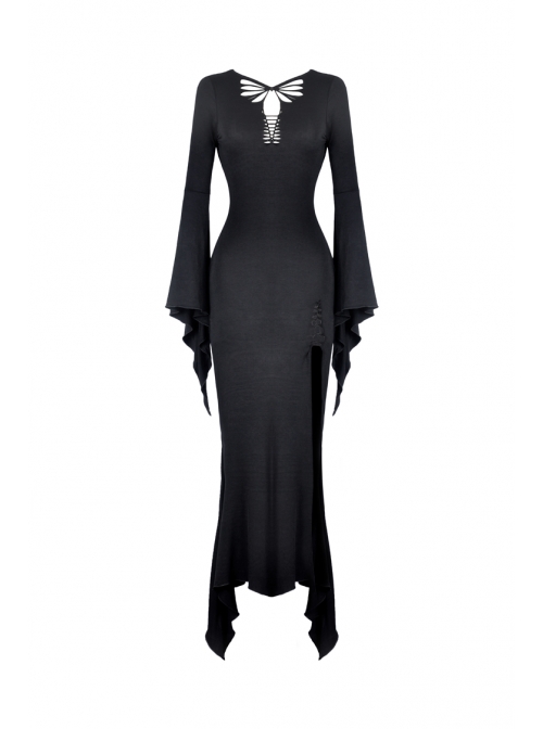 Black Chest Lace-Up Long Sleeves Slit Hem Maxi Tight Gothic Dress