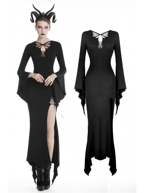 Black Chest Lace-Up Long Sleeves Slit Hem Maxi Tight Gothic Dress