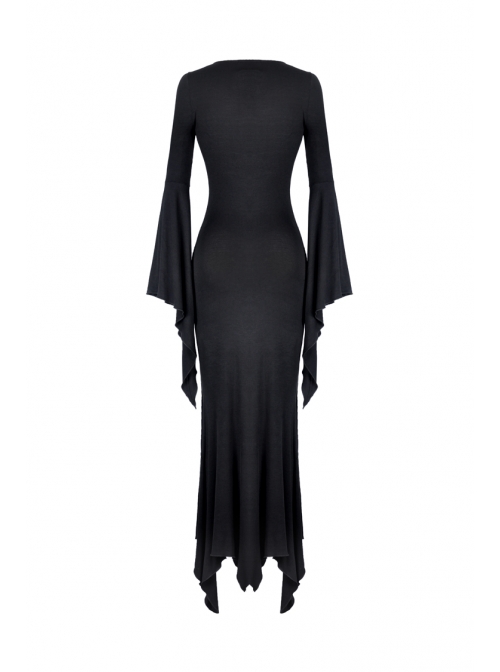Black Chest Lace-Up Long Sleeves Slit Hem Maxi Tight Gothic Dress