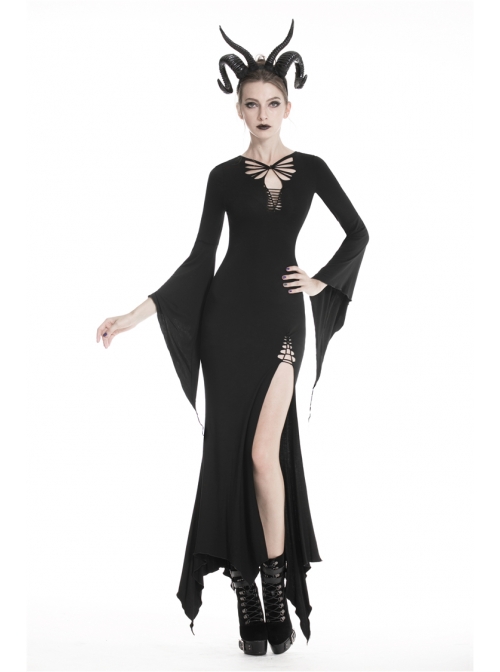 Black Chest Lace-Up Long Sleeves Slit Hem Maxi Tight Gothic Dress