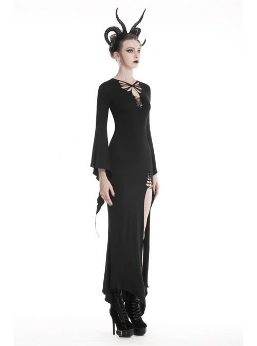 Black Chest Lace-Up Long Sleeves Slit Hem Maxi Tight Gothic Dress