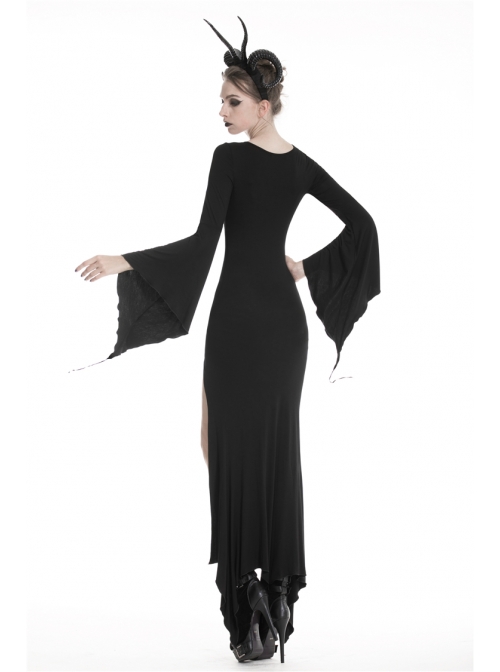 Black Chest Lace-Up Long Sleeves Slit Hem Maxi Tight Gothic Dress