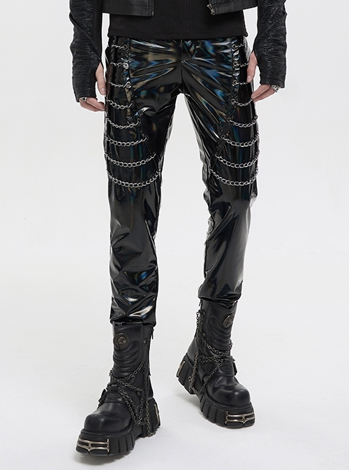 Stretch Symphony Metal Chains On Both Sides Versatile Black Gothic Leather Pants
