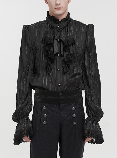 Black Vintage Stand Collar Striped Collar Floral Lace Gothic Shirt