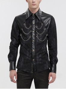 Fashionable Ribbed Metal Chain Black Hand-Painted Velveteen Paneled Leather Punk Style Shirt