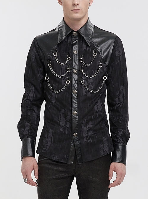 Fashion Black Washed Suede Fabric With Leather Front And Symmetrical Metal Chain Decoration Punk Style Long Sleeved Shirt