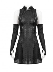 Laminated Stretch Cheongsam Collar Sleeveless Short Black Punk Style Dress