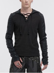Trendy Dark Tether V-Neck Panel Knit Black Punk Hooded T-Shirt