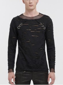 Black Diamond Mesh Irregular Hole Punk Style Long-Sleeved T-Shirt