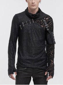 Fashion Printed Fabric Stitching Ripped Mesh Detachable Black Punk Style Long-Sleeve T-Shirt