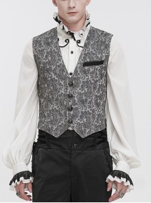 Fashion Vintage Gray Print Non-Stretch Fit Mid-Century Gothic Tuxedo Vest