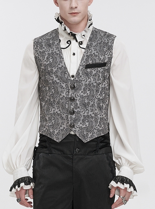 Fashion Vintage Gray Print Non-Stretch Fit Mid-Century Gothic Tuxedo Vest