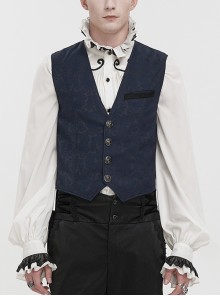 Stylish Retro Blue Print Non-Stretch Fit Mid-Century Gothic Tuxedo Vest