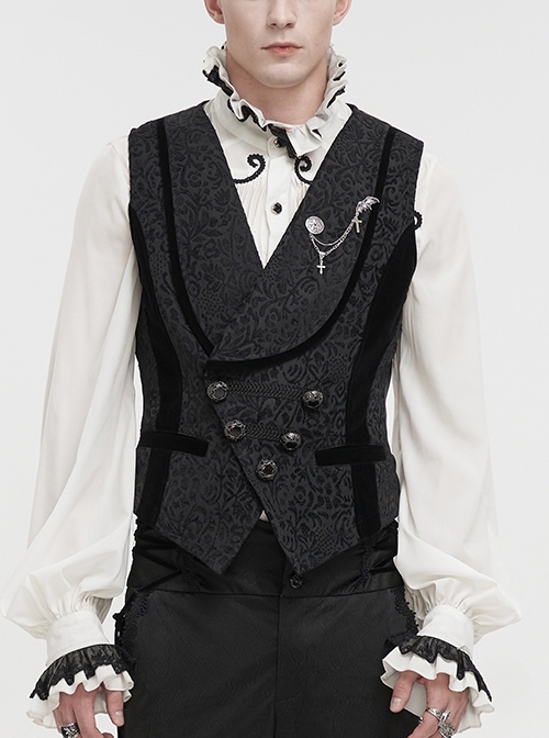 Slim Fit Black Retro Jacquard Chest Metal Chain Cross Gothic All-Match Vest