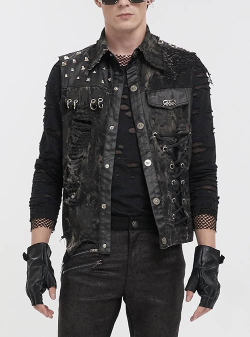Loose Non-Stretch Black Tie-Dye Decadent Snatched Skull Sheep Head Decoration Punk Vest